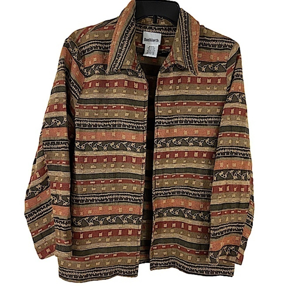 Vintage BonWorth Boho Woven Embroidered Open Shirt Jacket Southwest Cottagecore